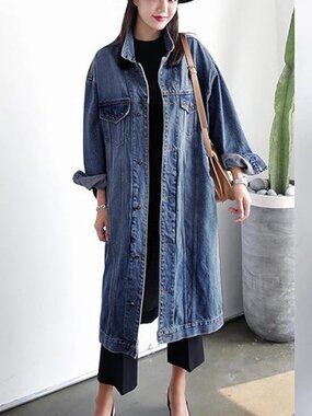 Womens Classic Jean Jacket Plus Size Loose Long Sleeve Button Down Denim Trench